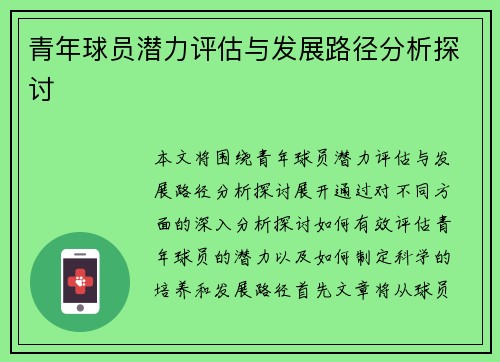 青年球员潜力评估与发展路径分析探讨
