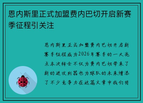 恩内斯里正式加盟费内巴切开启新赛季征程引关注